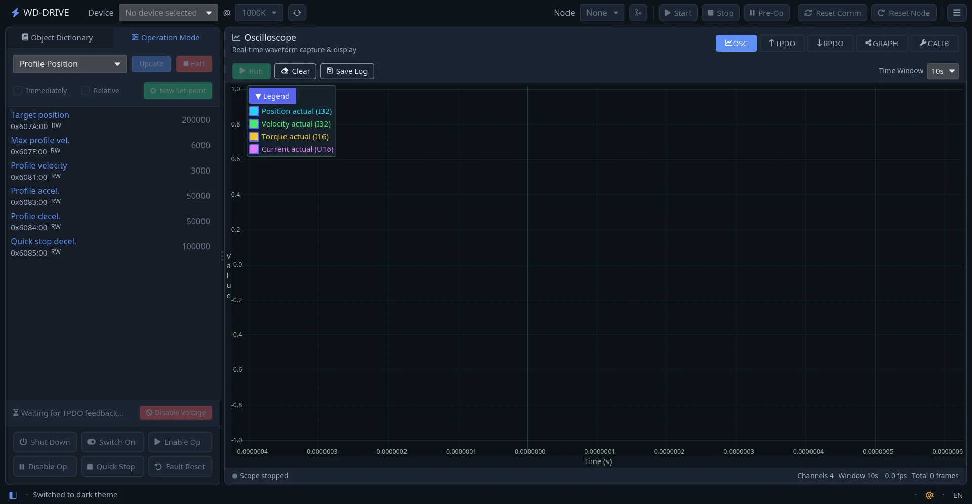 Screenshot of the WD servo debugger (CiA402 mode) host software