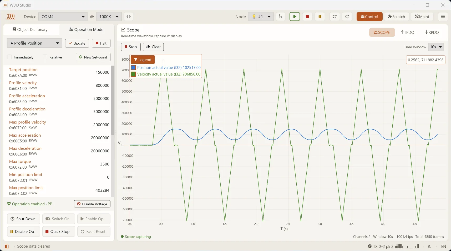 wddrive-studio scope: live position and velocity waveforms